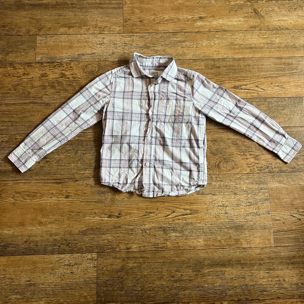 The Children's Place Pink Grey White Plaid Long Sleeve Button Up Shirt Small 5/6